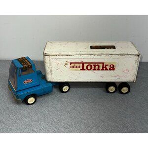 Vintage Mini Tonka Blue Semi Truck & White Trailer Metal Toy Collectible